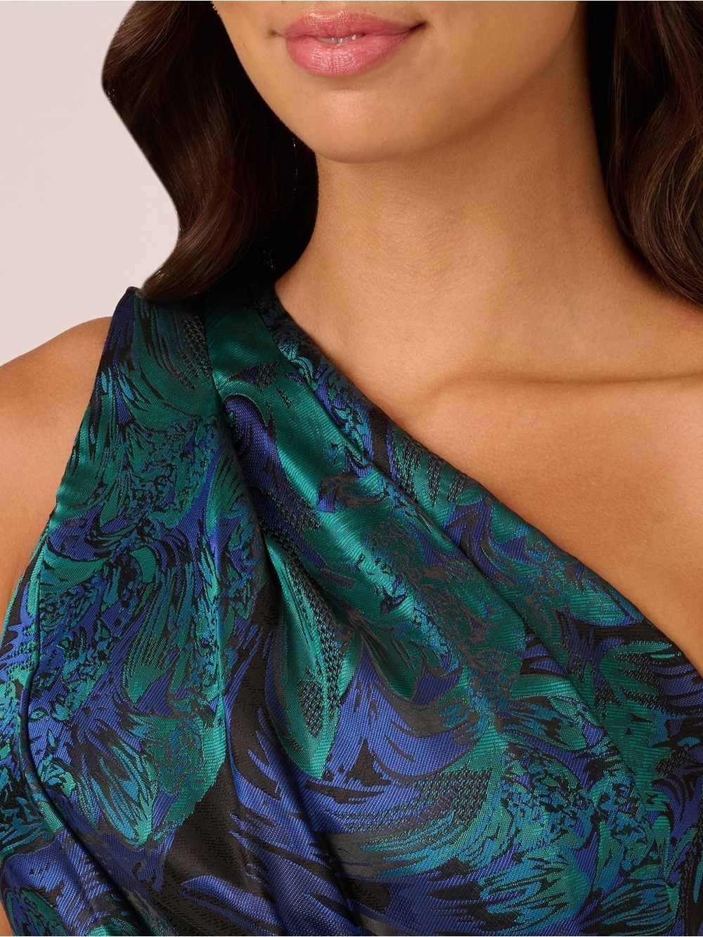 Adrianna Papell One-Shoulder Emerald & Navy Jacquard Gown - Picture 4 of 8